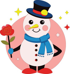 snowman is holding a rose vector art illustration