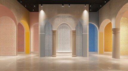 Fototapeta premium Colorful arched hallway with patterned walls and columns.