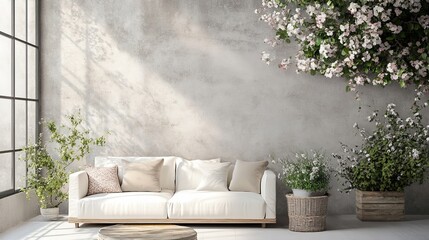 A serene living space featuring a white sofa, greenery, and floral decor against a textured wall.