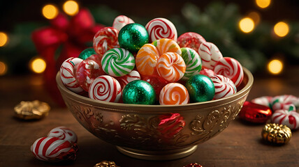 Festive bowl of colorful hard candies and ornaments.