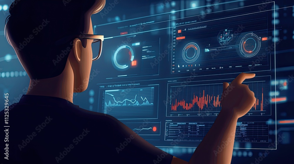 Poster man analyzing data on digital screens with graphs and metrics