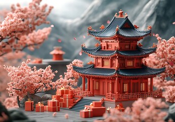 Building with a Tower and a Tree with Pink Flowers.