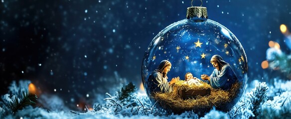 A transparent glass Christmas ornament with the scene of Baby Jesus in the manger inside, a blue background, and stars shining on top, with snow falling Generative AI © SKIMP Art