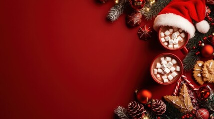 Vertical holiday scene with a Santa hat, hot chocolate with marshmallows, cookies, and festive decorations on a red background