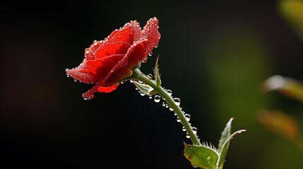 Obraz premium Fresh dew on a red flower, light pastel background, empty space on the left,generative ai illustration