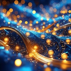 Elegant blue and gold abstract. New Year's Eve bokeh. Midnight celebration atmosphere. Golden Whirl, A Mesmerizing Dance of Blue and Gold