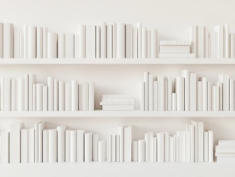 Minimalist white bookshelves with uniform white books in modern interior design