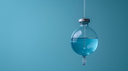 : An IV drip bag hanging against a solid light blue background