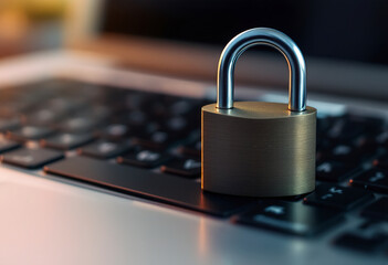 A close-up view of a metal padlock on a laptop keyboard, symbolizing online security and privacy