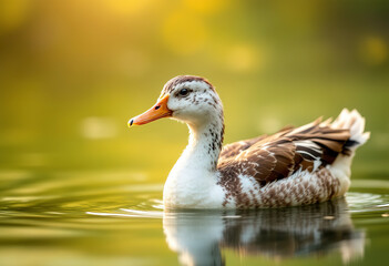 A white duck with brown feathers swimming in a pond with a blurred green and yellow background