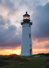 A white lighthouse with a black top stands on a grassy field against a dramatic cloudy sky at sunset
