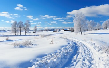 A peaceful snow-covered pathway leads through frosty trees under a bright blue sky
