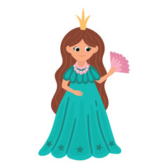 Cute hand drawn princess wearing a green dress. White background, isolate
