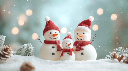 Merry Christmas and happy New Year greeting card with copy-space. Snowmen Family standing in winter Christmas landscape. Winter background


