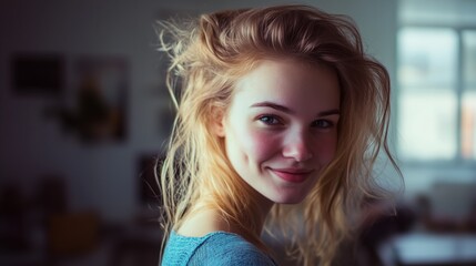 Fototapeta premium Woman with blonde hair and a blue shirt