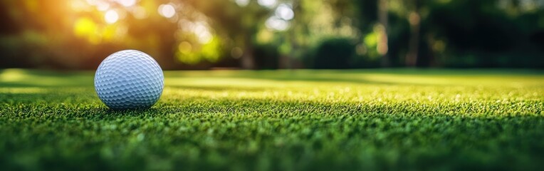 Golf ball resting on a lush green course during golden hour sunshine