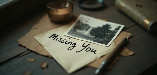 A black and white photograph, a handwritten "Missing You" note, and a vintage envelope create a nostalgic scene. Soft lighting and shadows add a sentimental and longing atmosphere.