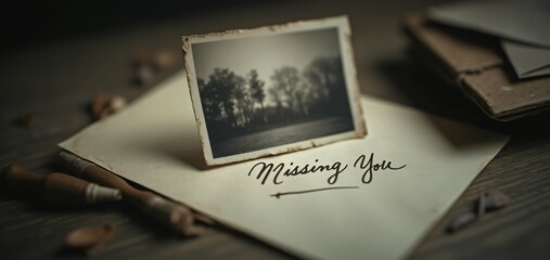 A black and white photograph, a handwritten "Missing You" note, and a vintage envelope create a nostalgic scene. Soft lighting and shadows add a sentimental and longing atmosphere.
