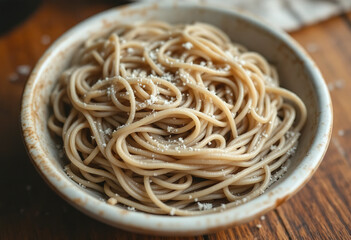 raw soba on wooden background