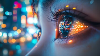 Close-up of eyes reflecting city lights at night.