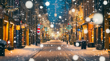 Beautiful blurred view of a festive city street at night with snowfall and glowing Christmas...