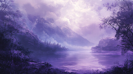Lavender misty landscape at twilight, where soft purple hues blend with calm tones creating a serene atmosphere.