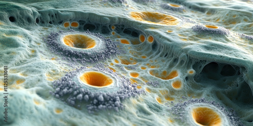Poster colorful cellular formations feature intricate textures and patterns, highlighting the complexity of
