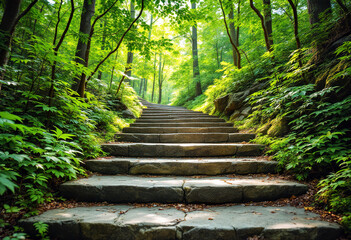 Stone steps leading through a lush, green forest with tall trees and dense foliage on either side