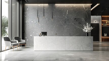 A mosaic podium with a minimalist design in shades of grey and white, set in a modern, industrial-style room