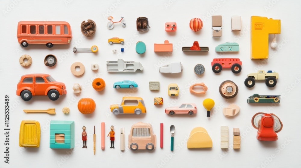 Poster a delightful assortment of children's toys like cars, blocks, and dolls arranged flat on a white sur