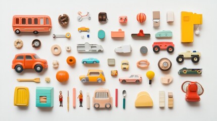 A delightful assortment of children's toys like cars, blocks, and dolls arranged flat on a white surface, featuring empty space for text. Generative AI