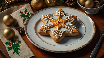 Fototapeta premium Festive snowflake-shaped gingerbread cookie on a plate, surrounded by Christmas ornaments and decorations.