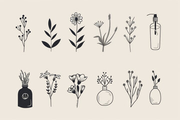 A delicate collection of botanical illustrations featuring various plants and flowers, paired with essential oil bottles and herbal pouches, rendered in a minimalistic style on a neutral background.
