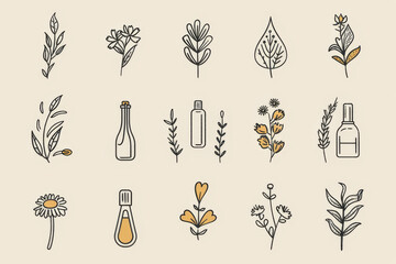 A delicate collection of botanical illustrations featuring various plants and flowers, paired with essential oil bottles and herbal pouches, rendered in a minimalistic style on a neutral background.