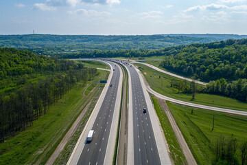 Aerial View of Busy Expressway and Autobahn, Top-Down Perspective of Traffic and Road Infrastructure, Professional Photography

