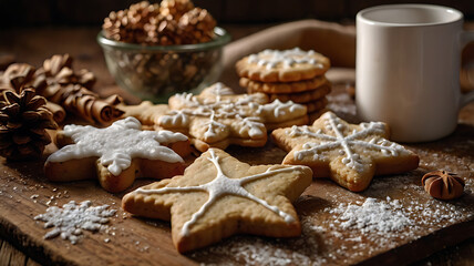 Festive star and snowflake-shaped cookies with icing sugar on wooden board, near a mug and cinnamon sticks.