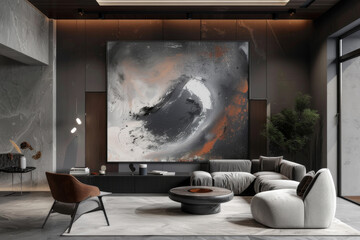 Modern luxury living room with large abstract art on the wall, elegant gray sectional sofa, and contemporary decor.