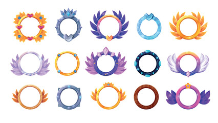 Game avatar borders. Fantasy gaming user avatars circle frames metal gold ice or wooden gui asset elements, level rank round border badge set cartoon swanky vector illustration © ssstocker