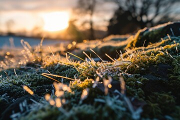 Fototapeta premium Twilight Glow: Ice Crystals on Mossy Ground in Scenic Landscape