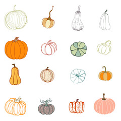 A set of pumpkins in various shapes, black outlined and colored. Vector collection of cute hand drawn pumpkins on white background