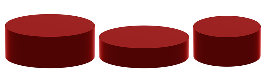 Minimalist 3D Red Stage of 3 Various Size. Low and High Cylindrical Podiums a White Background, ideal for Product Presentation. Simple Geometric Mokup Product Display. Set of 3 Red Round Stages.	
