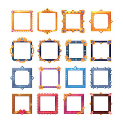 Square avatar frames. Fantasy game user avatar frame, gold silver metal stone wooden different material borders ui asset medieval elements cartoon set swanky vector illustration