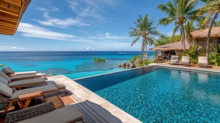 Fototapeta premium A serene tropical villa with a pool overlooking the ocean, surrounded by palm trees and clear blue waters.