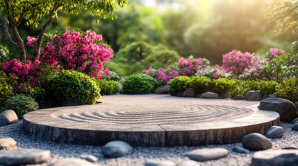 Fototapeta premium A serene garden scene featuring vibrant pink flowers and lush greenery surrounding a circular stone area with raked gravel, ideal for relaxation or meditation settings