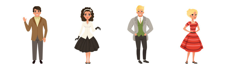 People Wearing Vintage Clothing and Retro Fashion Apparel Vector Set