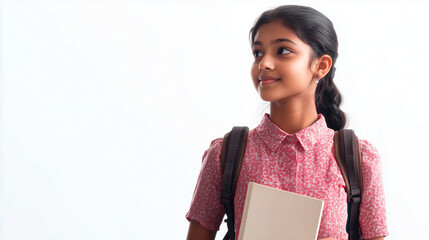 Obraz premium Cute smiling Indian school girl girl with a backpack and a book in her hand. Studio photo on the white isolated background with a place for text. College, education, back to school.