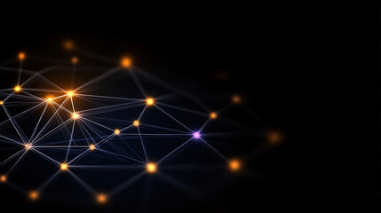Abstract Digital Connection Network with Glowing Nodes and Lines on Black Background Representing Modern Technology and Communication Concepts