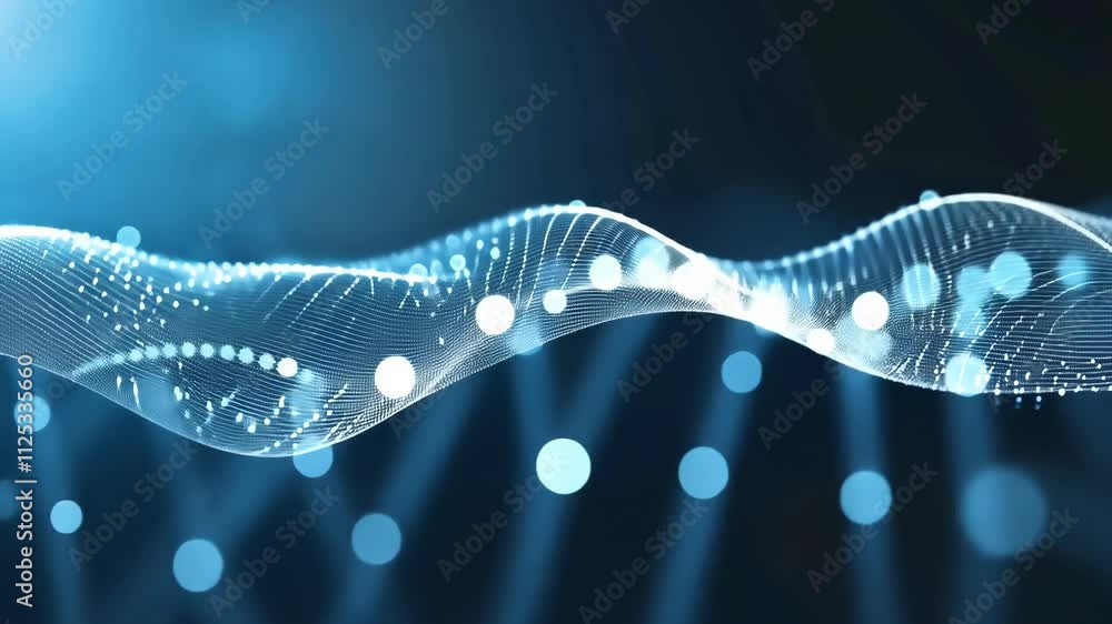 Poster digital abstract representation of waves and light particles flowing through a dark background
