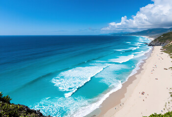 Obraz premium a beautiful landscape with a blue sea, white sand, and waves on the beach during summer.