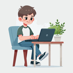 a boy is using his laptop vector
